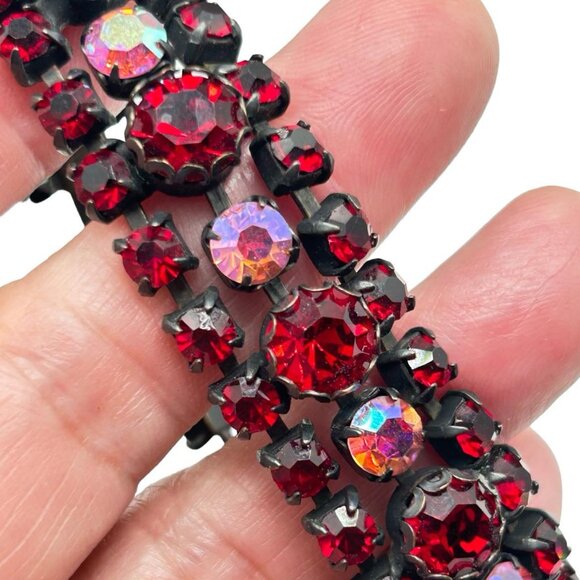 Stunning Vintage Regency Red Rhinestone AB Gun Metal Bracelet - Picture 8 of 8